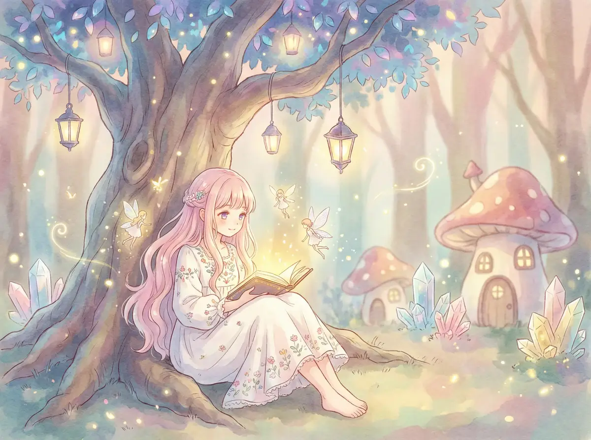 桃姐粤语下载 - 魔法森林中阅读故事书的粉发少女与精灵